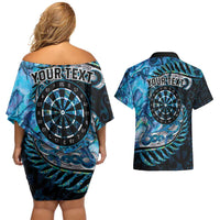 New Zealand Darts Personalised Couples Matching Off Shoulder Short Dress and Hawaiian Shirt Aotearoa Silver Fern Blue Papua Shell Spirit LT9 - Polynesian Pride