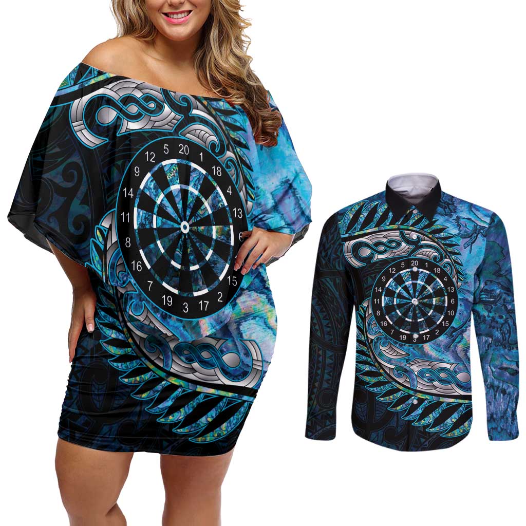 New Zealand Darts Personalised Couples Matching Off Shoulder Short Dress and Long Sleeve Button Shirt Aotearoa Silver Fern Blue Papua Shell Spirit LT9 Blue - Polynesian Pride