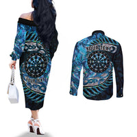 New Zealand Darts Personalised Couples Matching Off The Shoulder Long Sleeve Dress and Long Sleeve Button Shirt Aotearoa Silver Fern Blue Papua Shell Spirit LT9 - Polynesian Pride