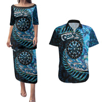 New Zealand Darts Personalised Couples Matching Puletasi and Hawaiian Shirt Aotearoa Silver Fern Blue Papua Shell Spirit LT9 Blue - Polynesian Pride
