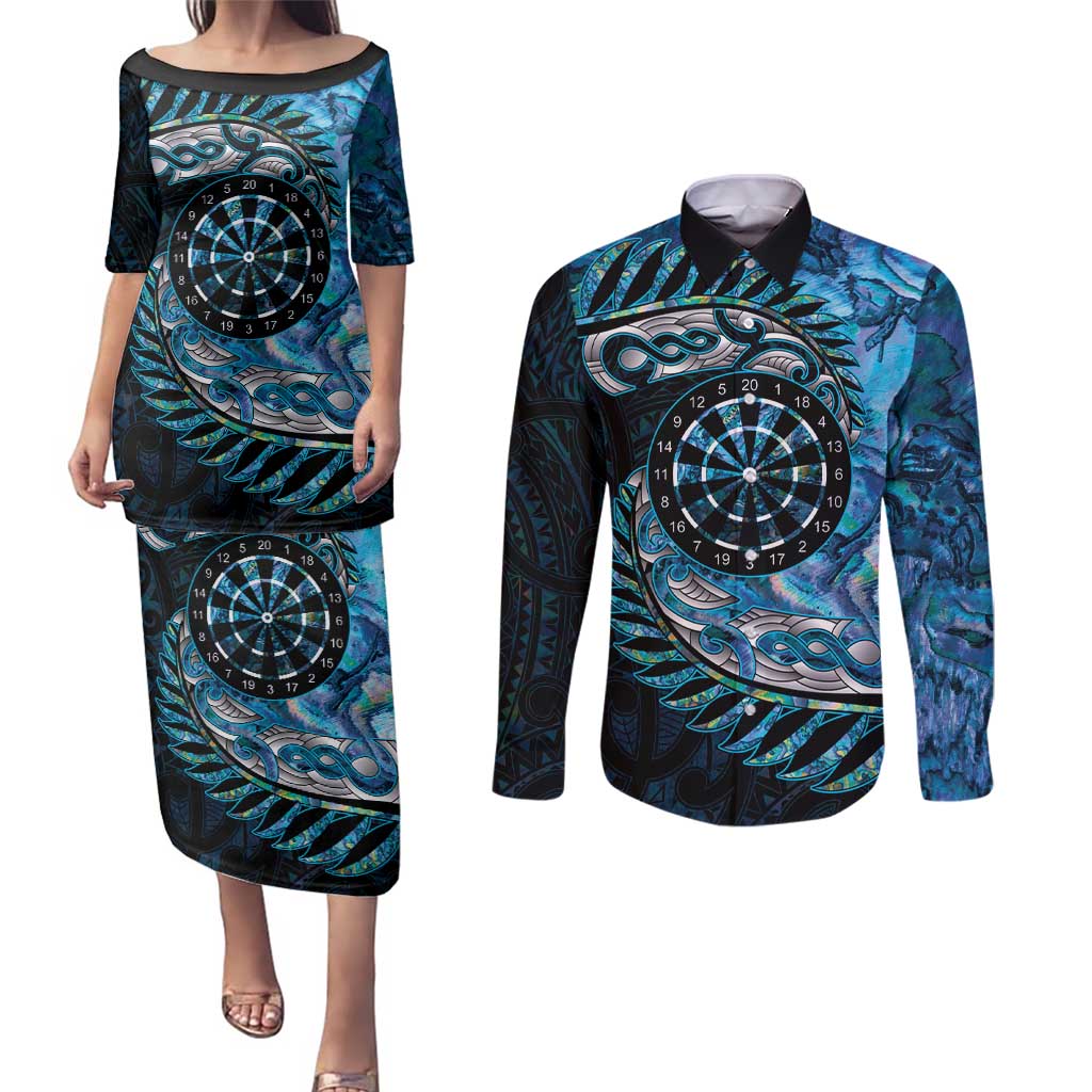 New Zealand Darts Personalised Couples Matching Puletasi and Long Sleeve Button Shirt Aotearoa Silver Fern Blue Papua Shell Spirit LT9 Blue - Polynesian Pride