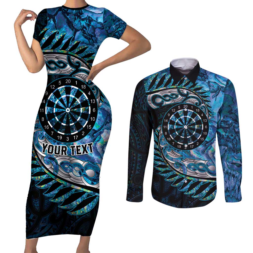 New Zealand Darts Personalised Couples Matching Short Sleeve Bodycon Dress and Long Sleeve Button Shirt Aotearoa Silver Fern Blue Papua Shell Spirit LT9 Blue - Polynesian Pride