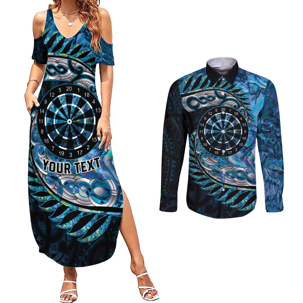 New Zealand Darts Personalised Couples Matching Summer Maxi Dress and Long Sleeve Button Shirt Aotearoa Silver Fern Blue Papua Shell Spirit LT9 Blue - Polynesian Pride