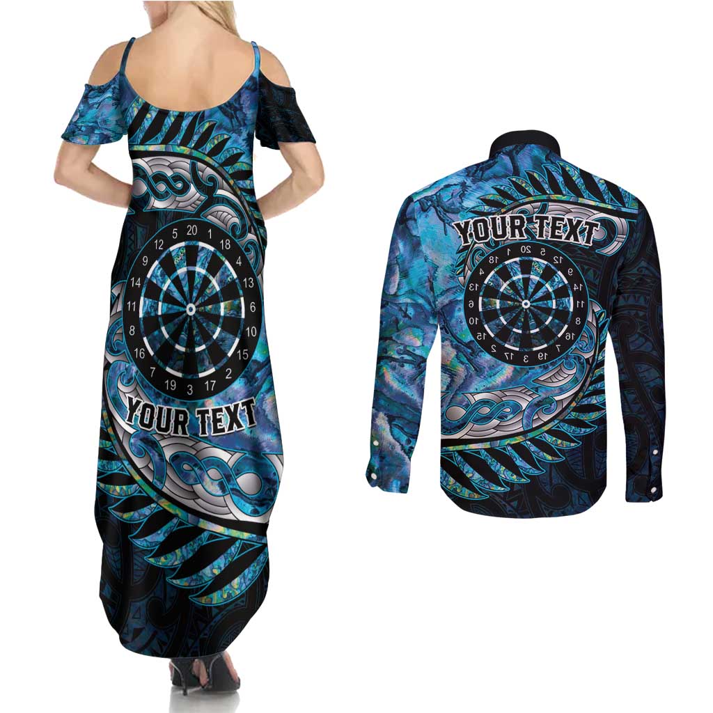 New Zealand Darts Personalised Couples Matching Summer Maxi Dress and Long Sleeve Button Shirt Aotearoa Silver Fern Blue Papua Shell Spirit LT9 - Polynesian Pride