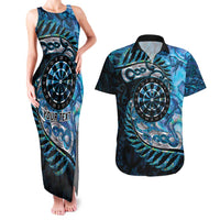 New Zealand Darts Personalised Couples Matching Tank Maxi Dress and Hawaiian Shirt Aotearoa Silver Fern Blue Papua Shell Spirit LT9 Blue - Polynesian Pride
