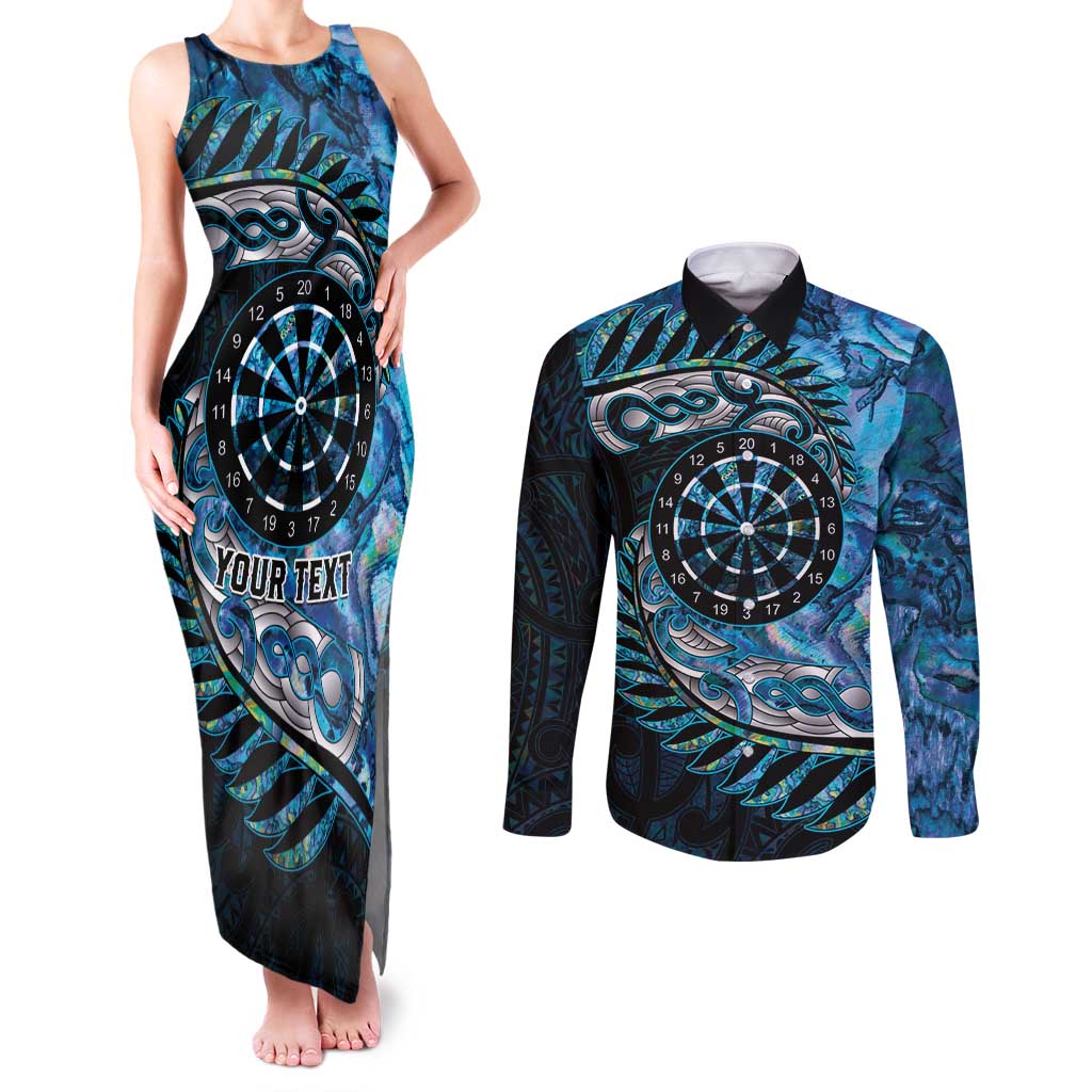 New Zealand Darts Personalised Couples Matching Tank Maxi Dress and Long Sleeve Button Shirt Aotearoa Silver Fern Blue Papua Shell Spirit LT9 Blue - Polynesian Pride