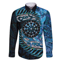 New Zealand Darts Personalised Family Matching Mermaid Dress and Hawaiian Shirt Aotearoa Silver Fern Blue Papua Shell Spirit LT9 Dad's Shirt - Long Sleeve Blue - Polynesian Pride