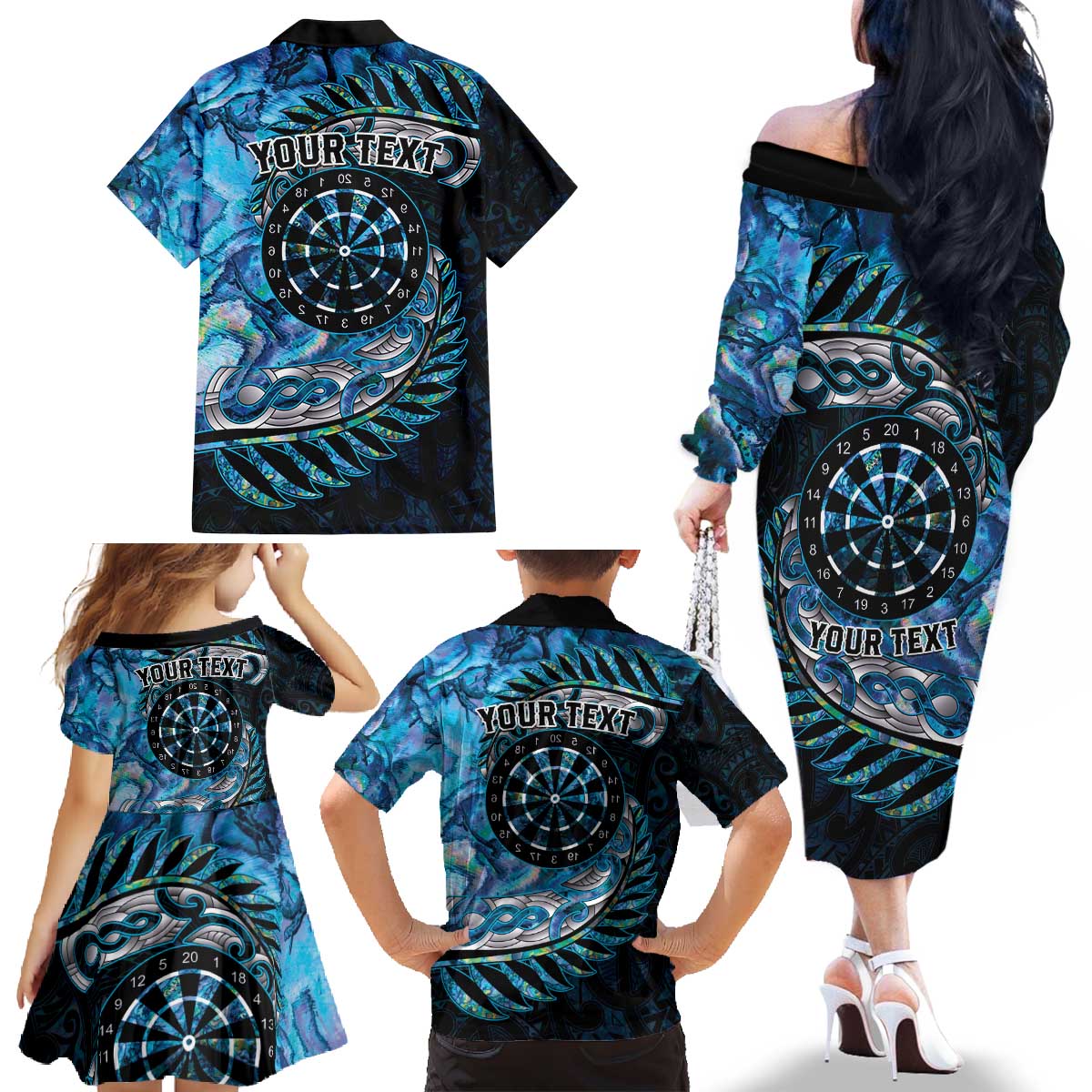 New Zealand Darts Personalised Family Matching Off The Shoulder Long Sleeve Dress and Hawaiian Shirt Aotearoa Silver Fern Blue Papua Shell Spirit LT9 - Polynesian Pride