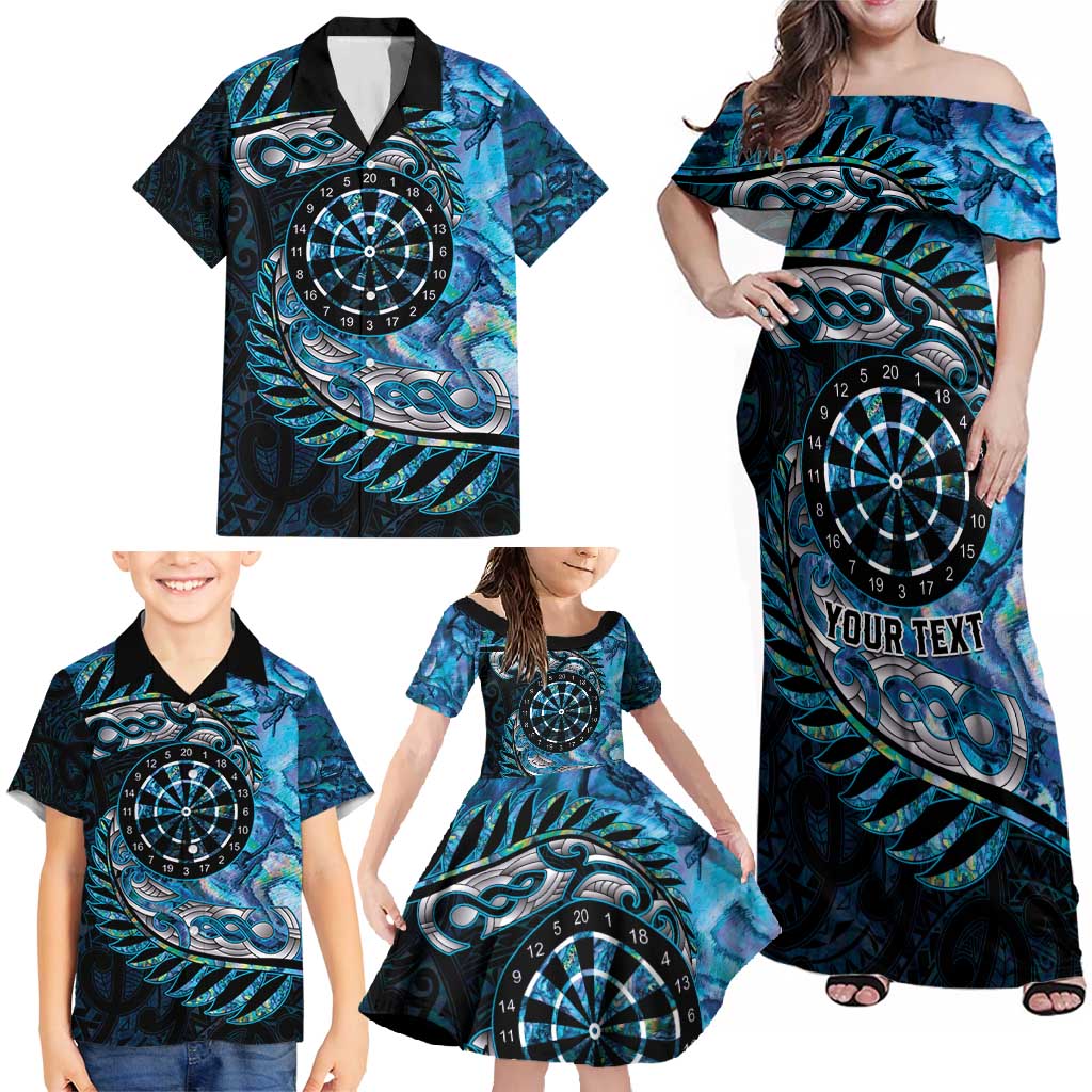 New Zealand Darts Personalised Family Matching Off Shoulder Maxi Dress and Hawaiian Shirt Aotearoa Silver Fern Blue Papua Shell Spirit LT9 - Polynesian Pride