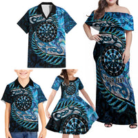 New Zealand Darts Personalised Family Matching Off Shoulder Maxi Dress and Hawaiian Shirt Aotearoa Silver Fern Blue Papua Shell Spirit LT9 - Polynesian Pride