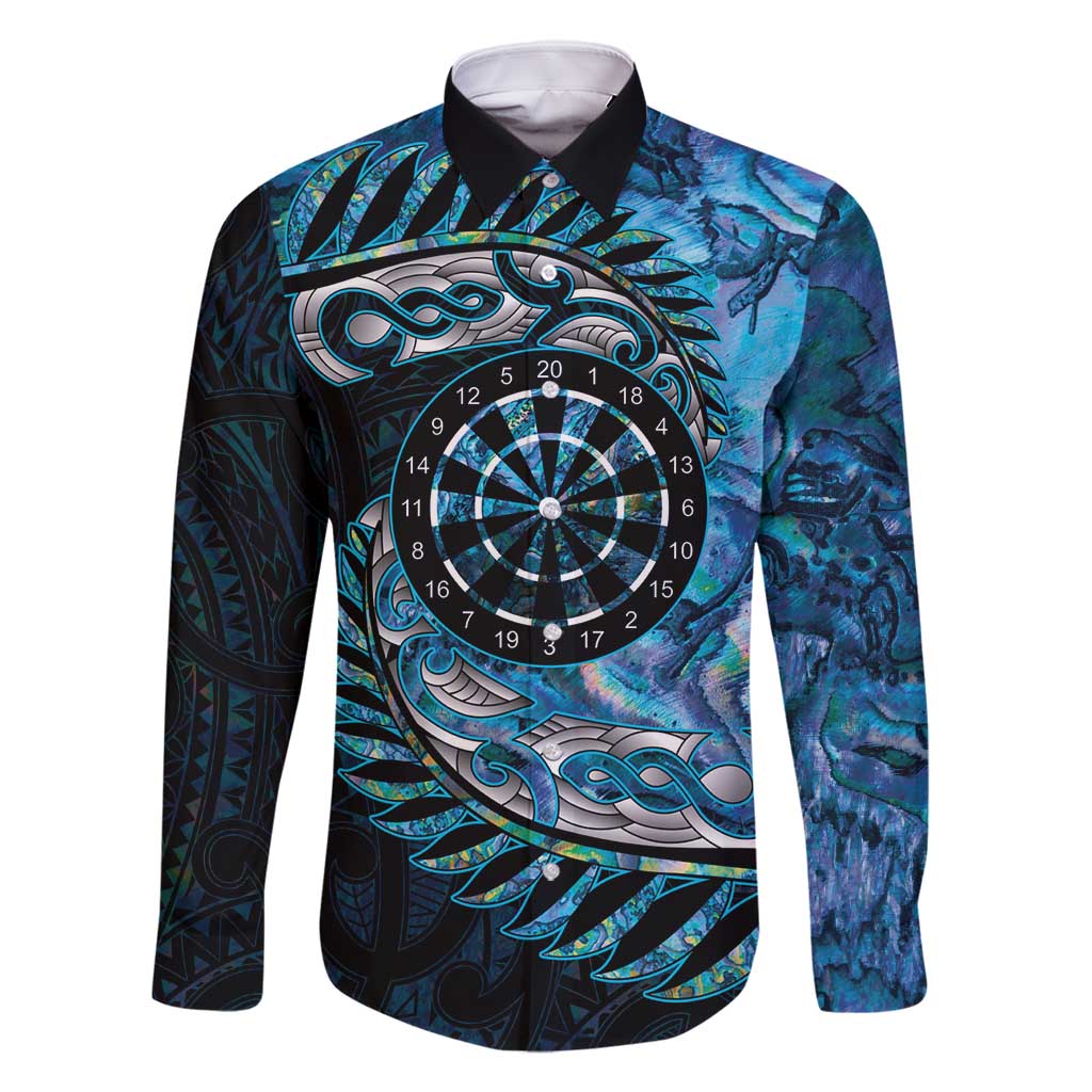 New Zealand Darts Personalised Family Matching Off Shoulder Maxi Dress and Hawaiian Shirt Aotearoa Silver Fern Blue Papua Shell Spirit LT9 Dad's Shirt - Long Sleeve Blue - Polynesian Pride