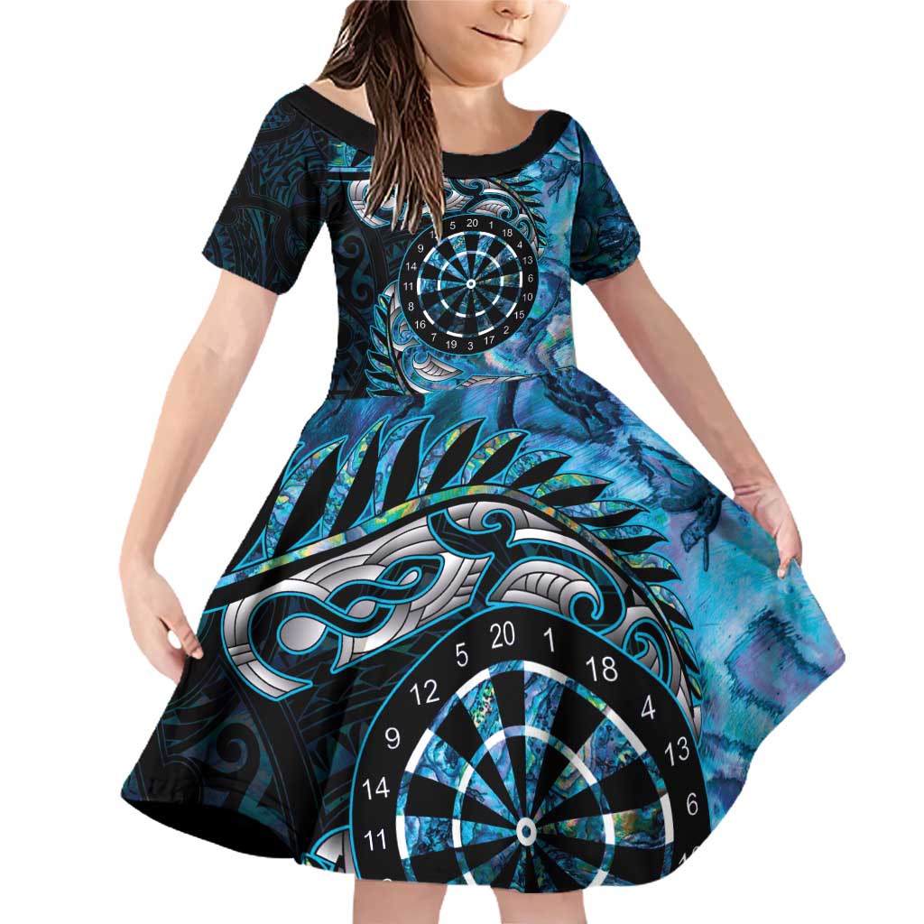 New Zealand Darts Personalised Family Matching Off Shoulder Short Dress and Hawaiian Shirt Aotearoa Silver Fern Blue Papua Shell Spirit LT9 Daughter's Dress Blue - Polynesian Pride