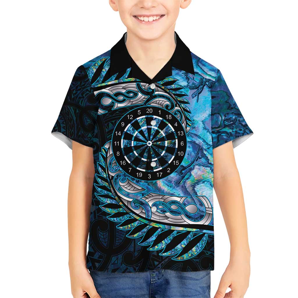 New Zealand Darts Personalised Family Matching Off Shoulder Short Dress and Hawaiian Shirt Aotearoa Silver Fern Blue Papua Shell Spirit LT9 Son's Shirt Blue - Polynesian Pride