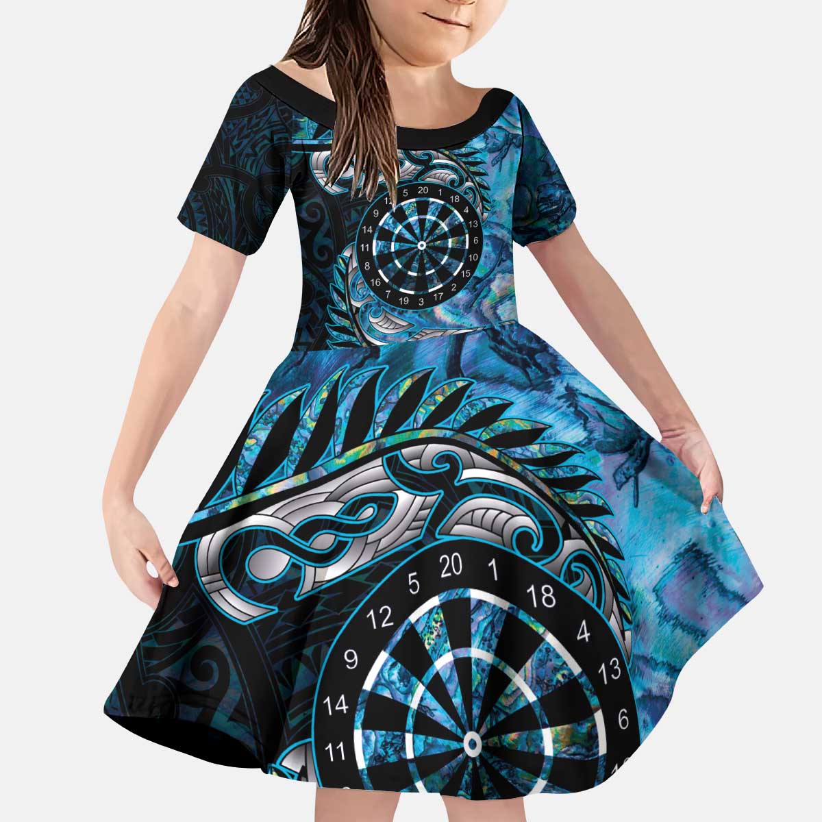 New Zealand Darts Personalised Kid Short Sleeve Dress Aotearoa Silver Fern Blue Papua Shell Spirit LT9 KID Blue - Polynesian Pride