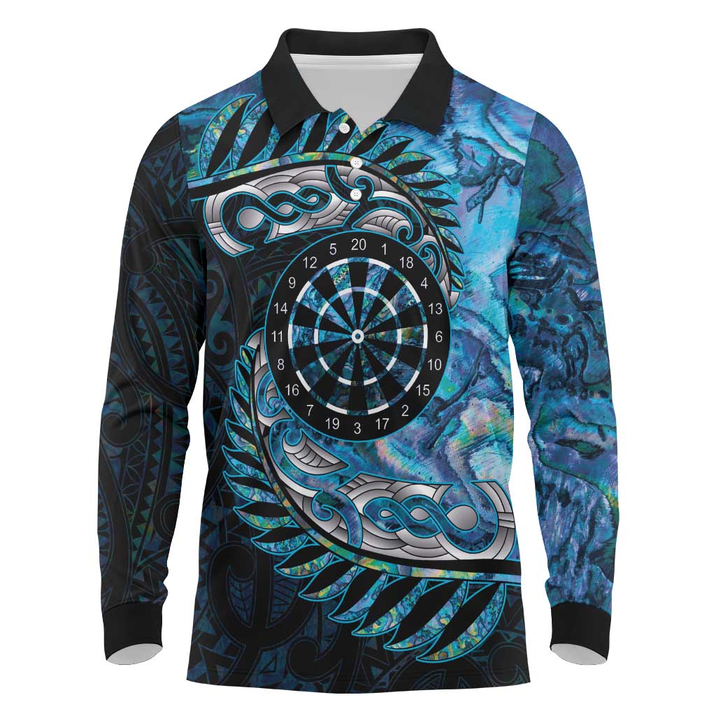 New Zealand Darts Personalised Long Sleeve Polo Shirt Aotearoa Silver Fern Blue Papua Shell Spirit LT9 Blue - Polynesian Pride