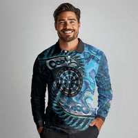 New Zealand Darts Personalised Long Sleeve Polo Shirt Aotearoa Silver Fern Blue Papua Shell Spirit LT9 - Polynesian Pride