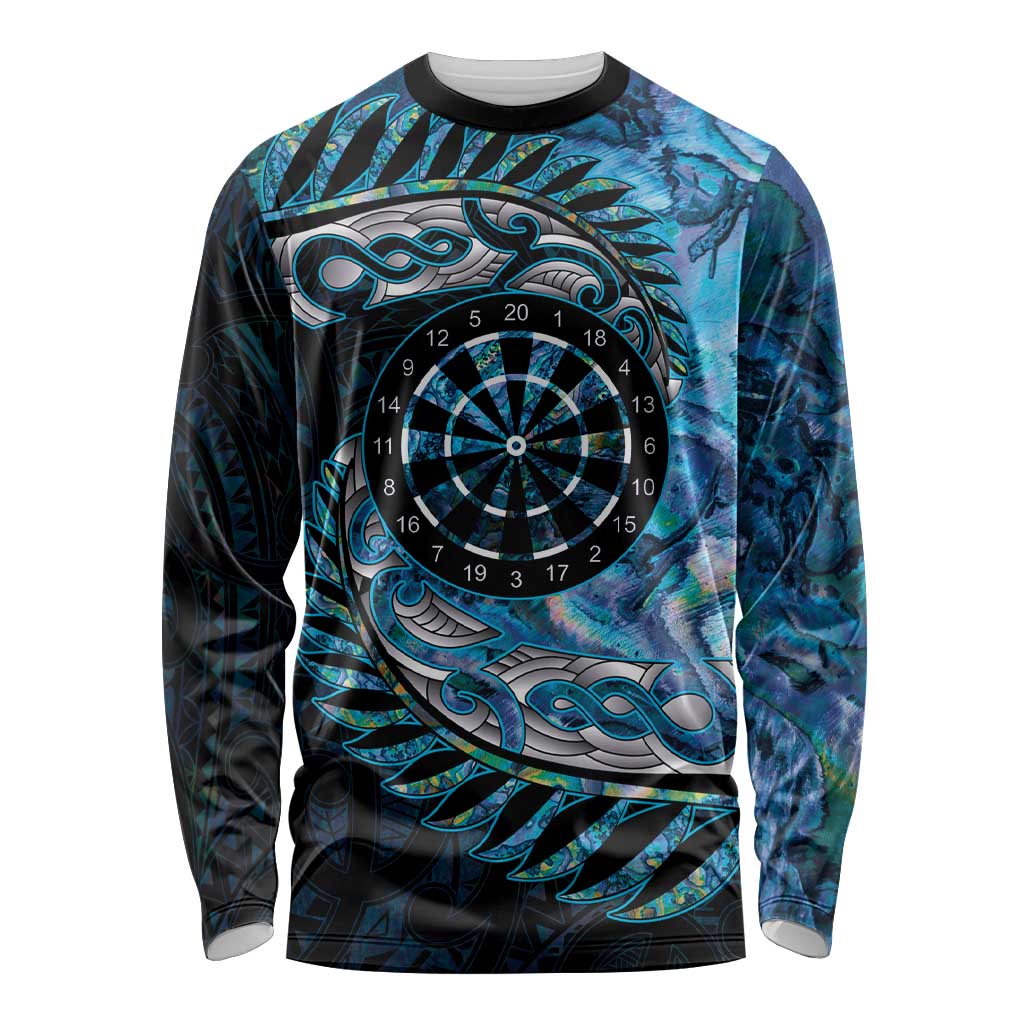 New Zealand Darts Personalised Long Sleeve Shirt Aotearoa Silver Fern Blue Papua Shell Spirit LT9 Unisex Blue - Polynesian Pride