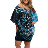 New Zealand Darts Personalised Off Shoulder Short Dress Aotearoa Silver Fern Blue Papua Shell Spirit LT9 Women Blue - Polynesian Pride