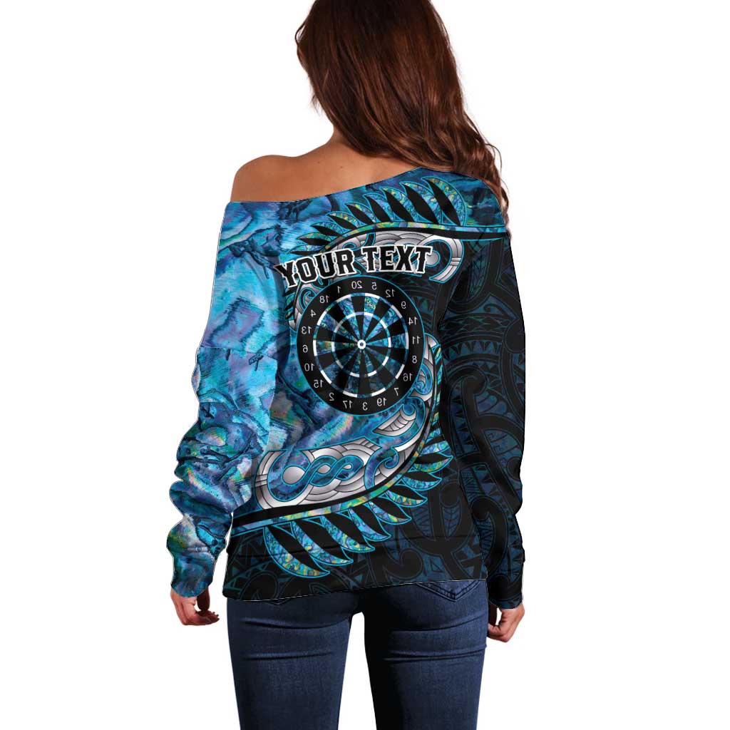 New Zealand Darts Personalised Off Shoulder Sweater Aotearoa Silver Fern Blue Papua Shell Spirit LT9 - Polynesian Pride