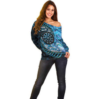 New Zealand Darts Personalised Off Shoulder Sweater Aotearoa Silver Fern Blue Papua Shell Spirit LT9 - Polynesian Pride