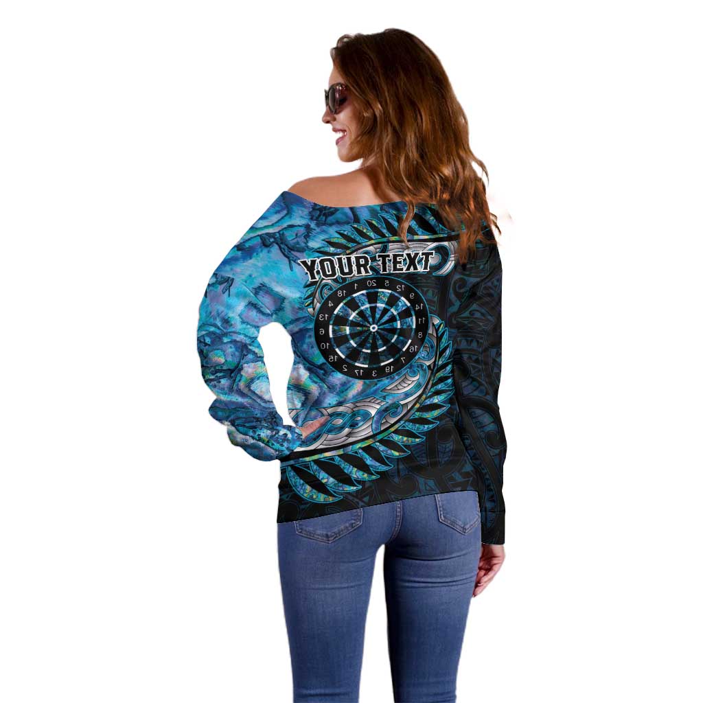 New Zealand Darts Personalised Off Shoulder Sweater Aotearoa Silver Fern Blue Papua Shell Spirit LT9 - Polynesian Pride