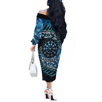 New Zealand Darts Personalised Off The Shoulder Long Sleeve Dress Aotearoa Silver Fern Blue Papua Shell Spirit LT9 - Polynesian Pride