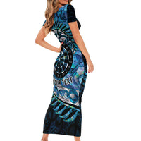 New Zealand Darts Personalised Short Sleeve Bodycon Dress Aotearoa Silver Fern Blue Papua Shell Spirit LT9 - Polynesian Pride