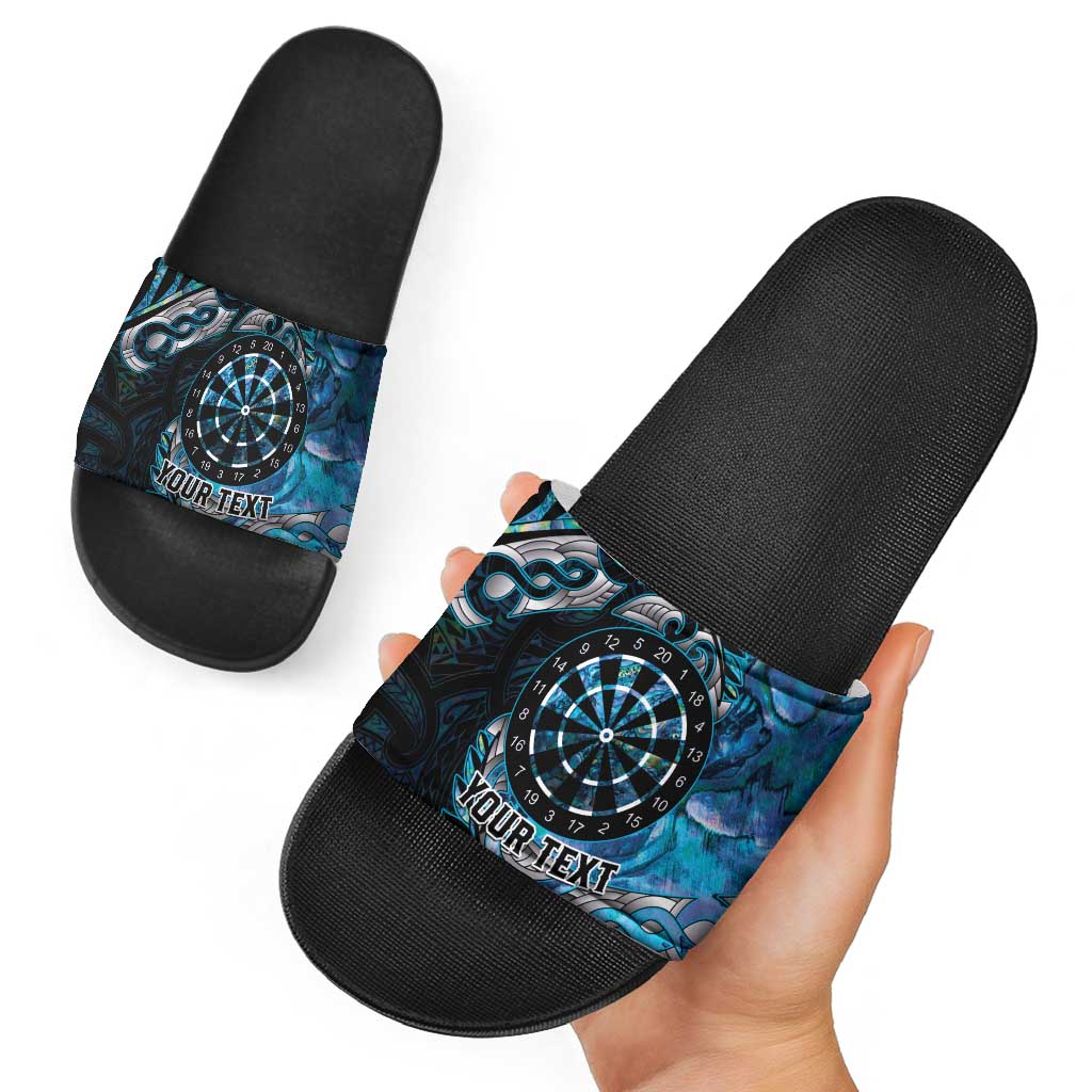New Zealand Darts Personalised Slide Sandals Aotearoa Silver Fern Blue Papua Shell Spirit LT9 - Polynesian Pride