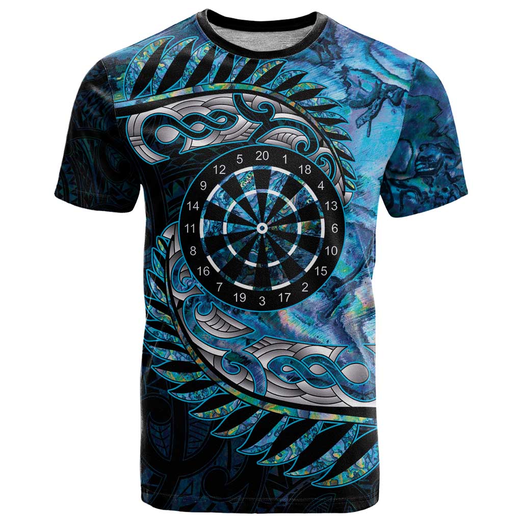 New Zealand Darts Personalised T Shirt Aotearoa Silver Fern Blue Papua Shell Spirit LT9 Blue - Polynesian Pride