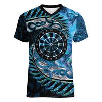 New Zealand Darts Personalised Women V-Neck T-Shirt Aotearoa Silver Fern Blue Papua Shell Spirit LT9 Female Blue - Polynesian Pride