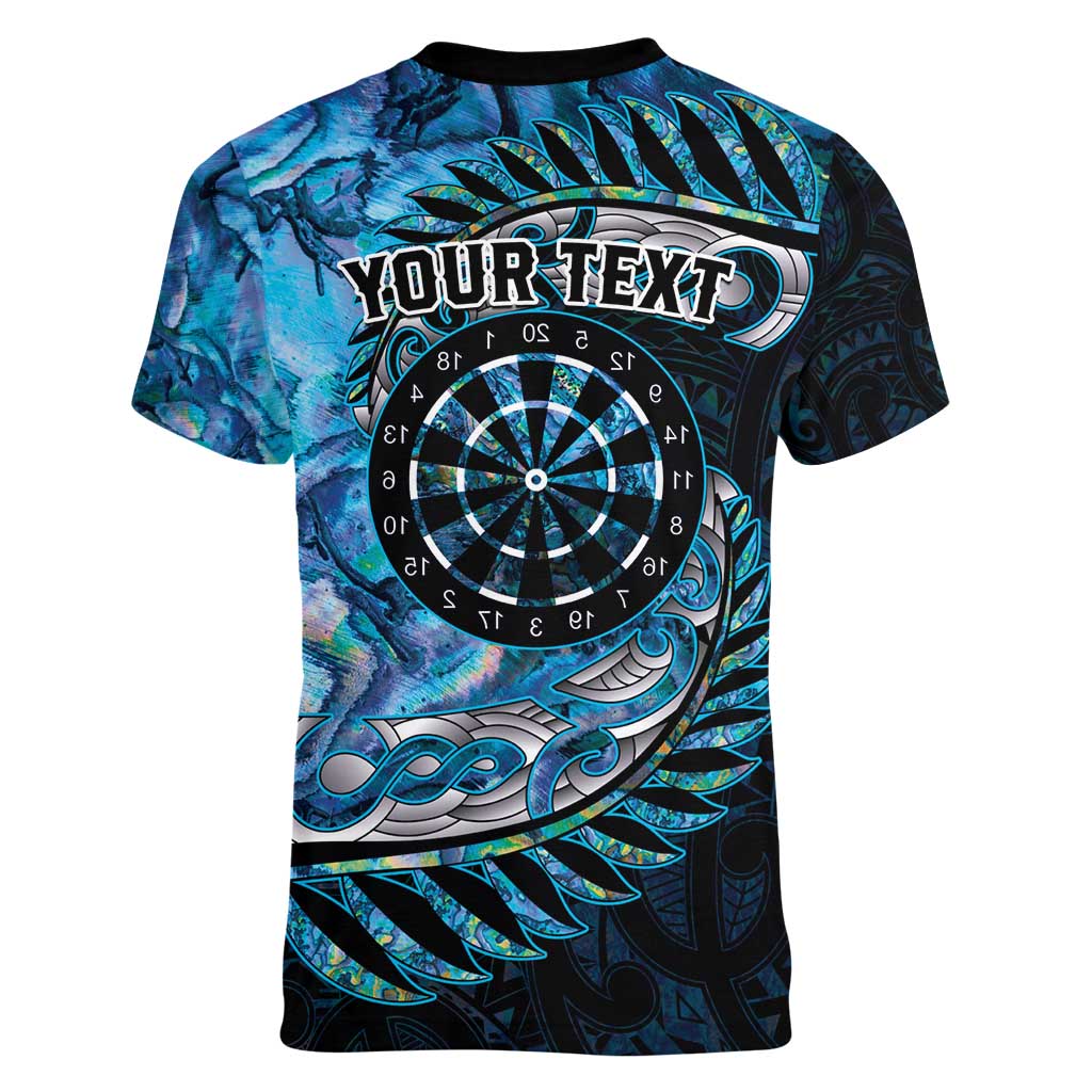 New Zealand Darts Personalised Women V-Neck T-Shirt Aotearoa Silver Fern Blue Papua Shell Spirit LT9 - Polynesian Pride