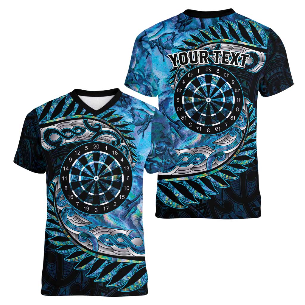New Zealand Darts Personalised Women V-Neck T-Shirt Aotearoa Silver Fern Blue Papua Shell Spirit LT9 - Polynesian Pride