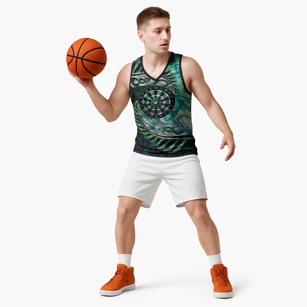New Zealand Darts Personalised Basketball Jersey Aotearoa Silver Fern Green Papua Shell Spirit LT9 - Polynesian Pride