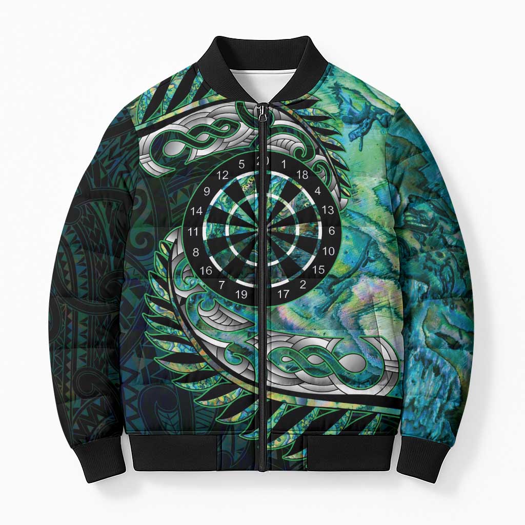 New Zealand Darts Personalised Bomber Puffer Jacket Aotearoa Silver Fern Green Papua Shell Spirit LT9 Unisex Green - Polynesian Pride