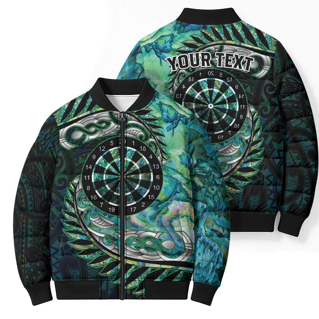 New Zealand Darts Personalised Bomber Puffer Jacket Aotearoa Silver Fern Green Papua Shell Spirit LT9 - Polynesian Pride