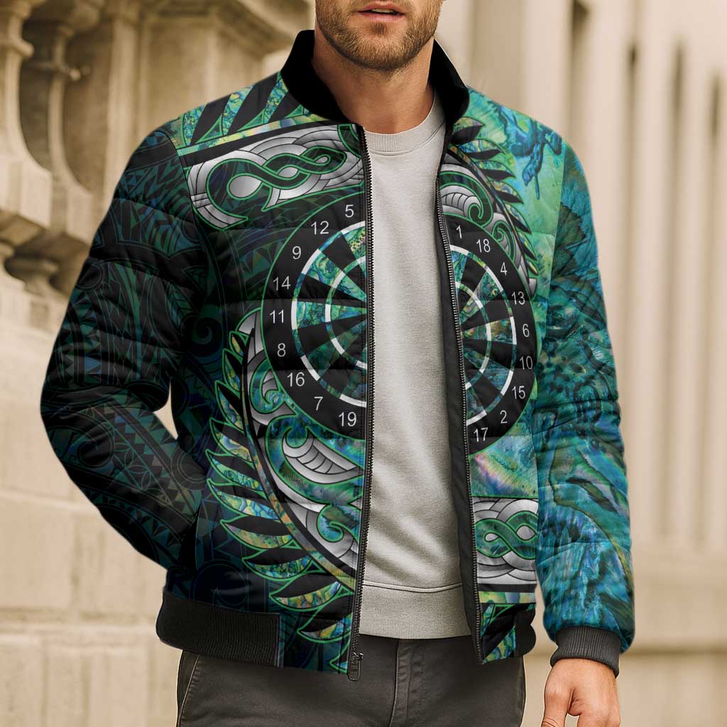 New Zealand Darts Personalised Bomber Puffer Jacket Aotearoa Silver Fern Green Papua Shell Spirit LT9 - Polynesian Pride