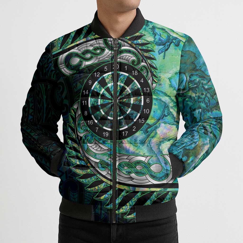 New Zealand Darts Personalised Bomber Puffer Jacket Aotearoa Silver Fern Green Papua Shell Spirit LT9 - Polynesian Pride