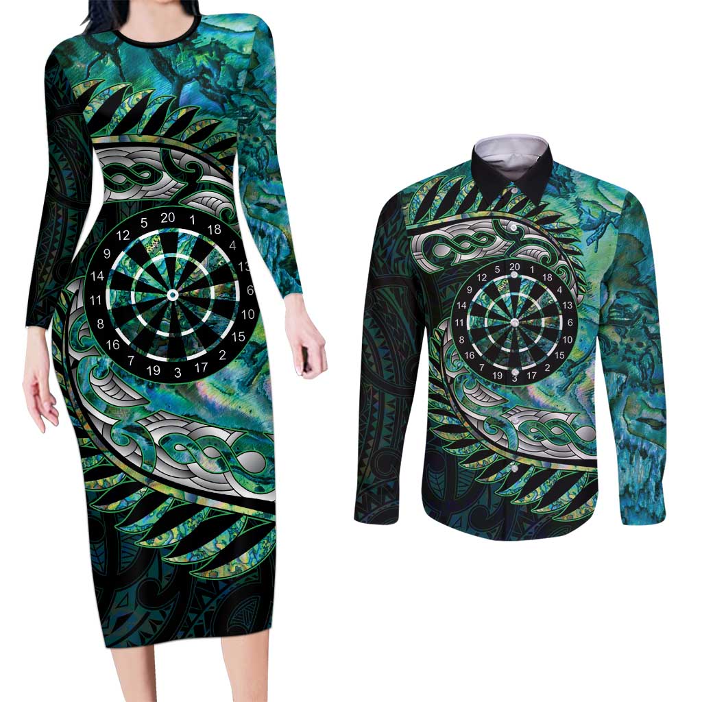 New Zealand Darts Personalised Couples Matching Long Sleeve Bodycon Dress and Long Sleeve Button Shirt Aotearoa Silver Fern Green Papua Shell Spirit LT9 Green - Polynesian Pride