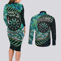 New Zealand Darts Personalised Couples Matching Long Sleeve Bodycon Dress and Long Sleeve Button Shirt Aotearoa Silver Fern Green Papua Shell Spirit LT9 - Polynesian Pride
