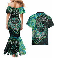 New Zealand Darts Personalised Couples Matching Mermaid Dress and Hawaiian Shirt Aotearoa Silver Fern Green Papua Shell Spirit LT9 - Polynesian Pride