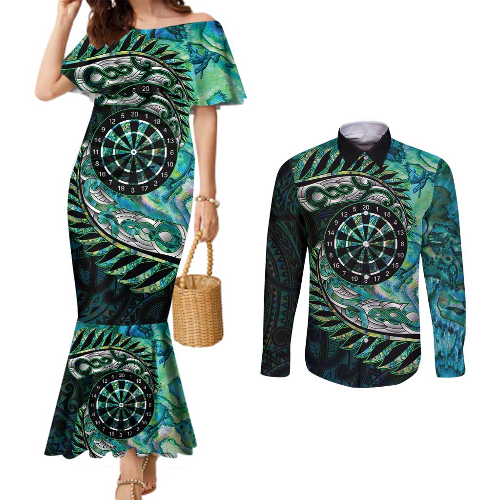 New Zealand Darts Personalised Couples Matching Mermaid Dress and Long Sleeve Button Shirt Aotearoa Silver Fern Green Papua Shell Spirit LT9 Green - Polynesian Pride