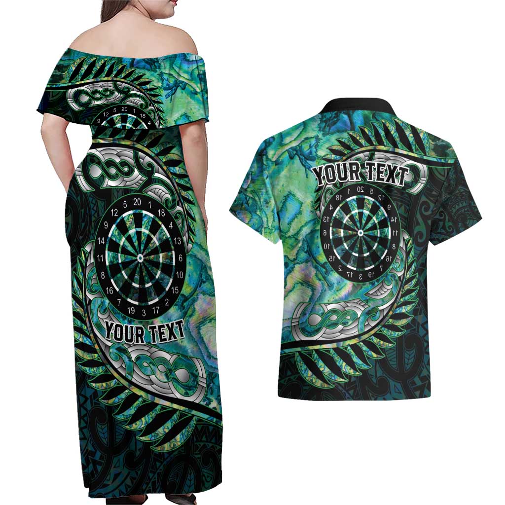New Zealand Darts Personalised Couples Matching Off Shoulder Maxi Dress and Hawaiian Shirt Aotearoa Silver Fern Green Papua Shell Spirit LT9 - Polynesian Pride