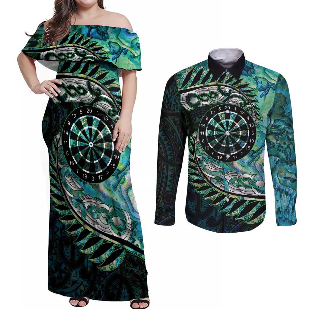 New Zealand Darts Personalised Couples Matching Off Shoulder Maxi Dress and Long Sleeve Button Shirt Aotearoa Silver Fern Green Papua Shell Spirit LT9 Green - Polynesian Pride