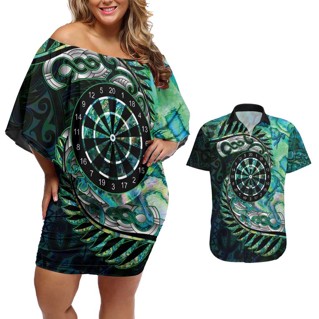 New Zealand Darts Personalised Couples Matching Off Shoulder Short Dress and Hawaiian Shirt Aotearoa Silver Fern Green Papua Shell Spirit LT9 Green - Polynesian Pride