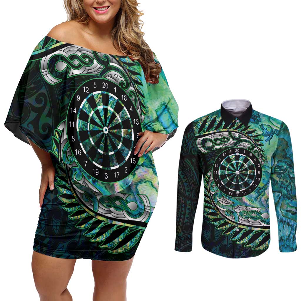 New Zealand Darts Personalised Couples Matching Off Shoulder Short Dress and Long Sleeve Button Shirt Aotearoa Silver Fern Green Papua Shell Spirit LT9 Green - Polynesian Pride
