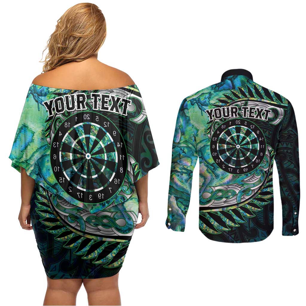 New Zealand Darts Personalised Couples Matching Off Shoulder Short Dress and Long Sleeve Button Shirt Aotearoa Silver Fern Green Papua Shell Spirit LT9 - Polynesian Pride