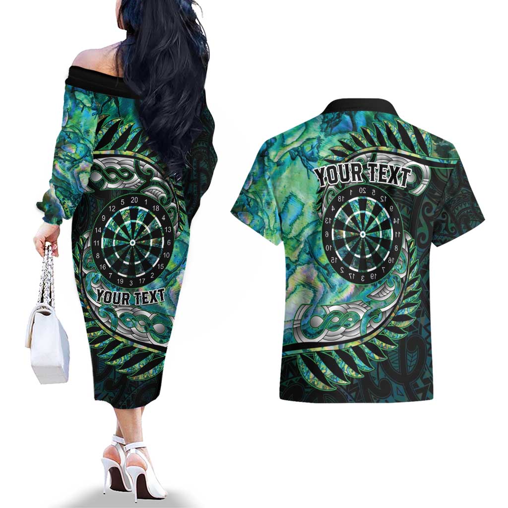 New Zealand Darts Personalised Couples Matching Off The Shoulder Long Sleeve Dress and Hawaiian Shirt Aotearoa Silver Fern Green Papua Shell Spirit LT9 - Polynesian Pride