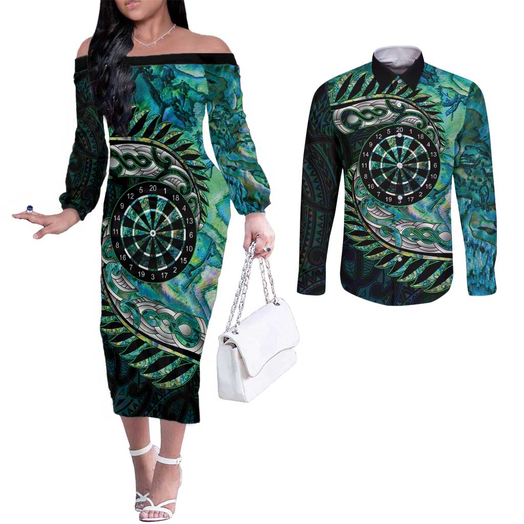 New Zealand Darts Personalised Couples Matching Off The Shoulder Long Sleeve Dress and Long Sleeve Button Shirt Aotearoa Silver Fern Green Papua Shell Spirit LT9 Green - Polynesian Pride