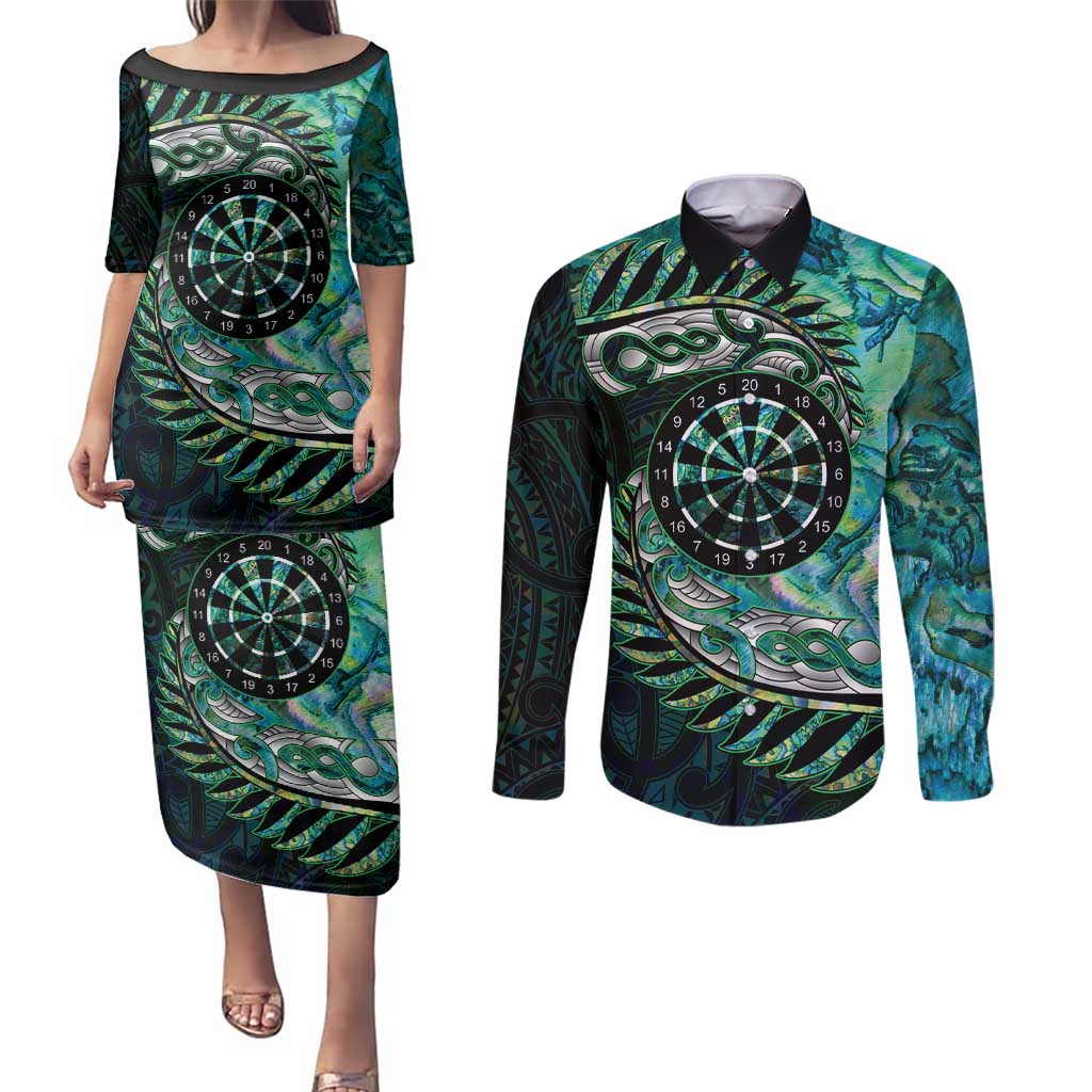 New Zealand Darts Personalised Couples Matching Puletasi and Long Sleeve Button Shirt Aotearoa Silver Fern Green Papua Shell Spirit LT9 Green - Polynesian Pride