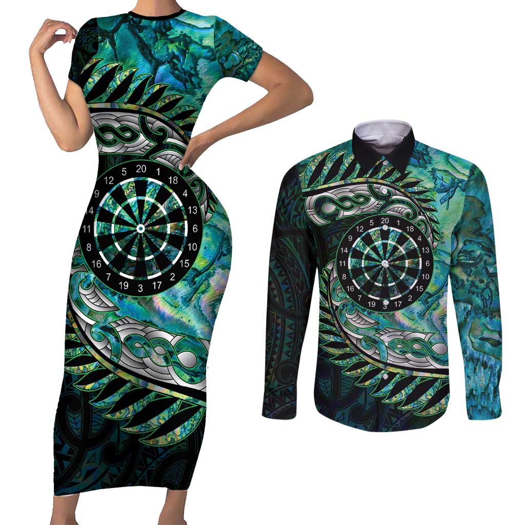 New Zealand Darts Personalised Couples Matching Short Sleeve Bodycon Dress and Long Sleeve Button Shirt Aotearoa Silver Fern Green Papua Shell Spirit LT9 Green - Polynesian Pride